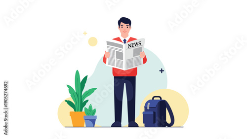 Young man standing outdoors wearing a red sweater while reading a newspaper with a backpack and potted plants in the background.