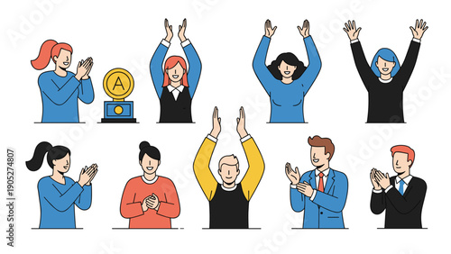 Group of happy colleagues and business people clapping hands and celebrating success together next to a gold achievement trophy.