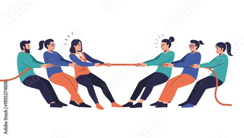Two groups of people participating in a team building tug of war competition pulling on a long rope in a test of strength and unity.