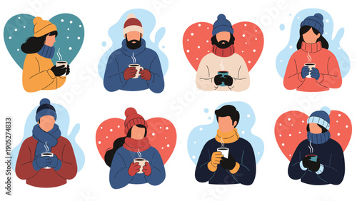 Collection of various people wearing warm winter hats and scarves while holding steaming mugs of hot coffee or cocoa during snowfall.