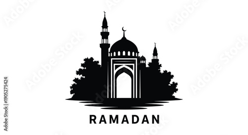 Ramadan Mosque Silhouette with Minarets and Dome in Simple Design