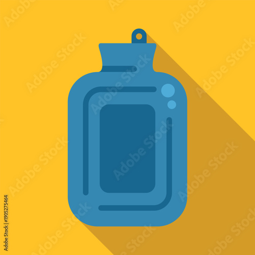 Blue hot water bottle icon with long shadow on yellow background