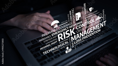 This image represents the concept of risk management with various keywords related to crisis control, security, technology, and loss prevention seen in a digital environment. Tessel