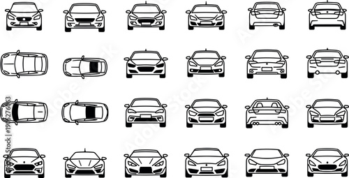 Black and white car illustrations, 25 vehicle silhouettes, automotive vector drawing, sedan sports compact cars, front and top view grid design
