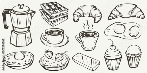 Breakfast sketch featuring coffee pastries chocolate and fried eggs