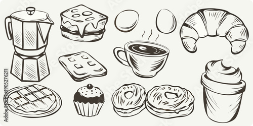 A charming sketch of breakfast items including coffee pastries and eggs