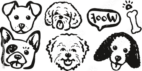 Playful doodle illustration featuring various dog breeds and canine elements