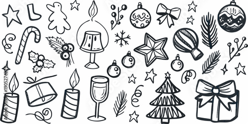 Hand drawn christmas doodles featuring ornaments sweets and festive decorations