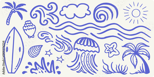 Blue line drawing of tropical beach elements and marine life