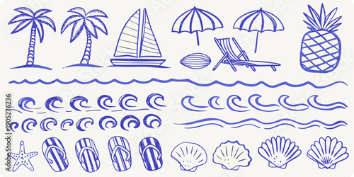 Whimsical blue doodle illustration of tropical vacation elements and beach scenes