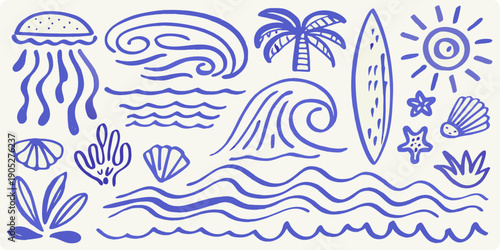 Blue line art depicting various summer and ocean themed elements