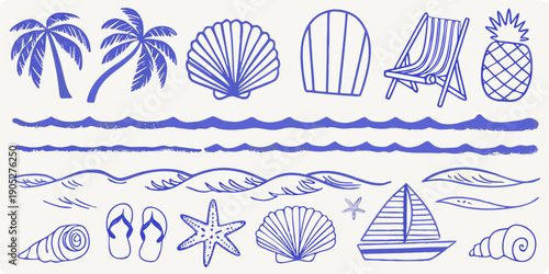 Blue line drawings of tropical vacation elements palm trees shells and beach items