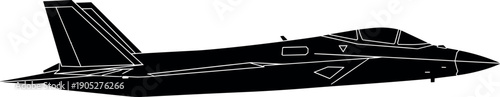 Black and white fighter jet silhouette, modern stealth aircraft illustration, military aviation vector art, angular design drawing, defense technology graphic