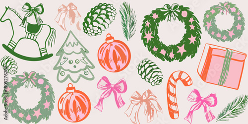Festive christmas illustrations rocking horse wreaths ornaments and gifts