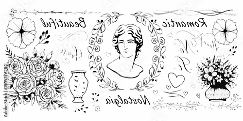 Vintage floral frame with a portrait of a woman in the center