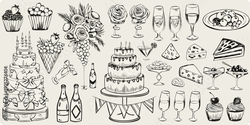 An elegant sketch featuring desserts champagne and floral arrangements