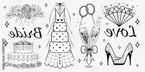 Elegant wedding themed illustration with dress cake shoes and sparkling details