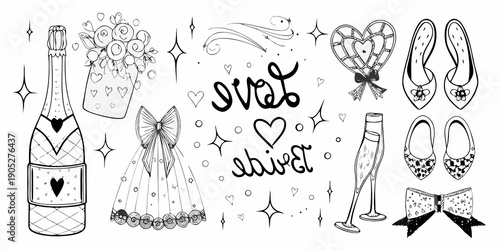 Elegant wedding themed doodles champagne shoes dress and heart decorations