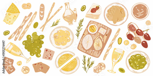 Watercolor illustration of a variety of cheeses fruits and breads