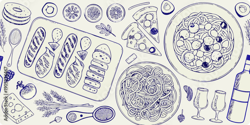 A charming sketch of various food items arranged on a light background