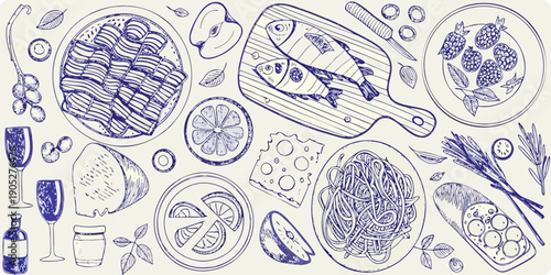 A sketched arrangement of seafood pasta cheese and citrus fruits