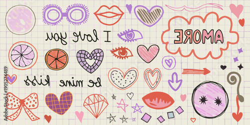 Colorful doodle collection featuring hearts eyes and playful handwritten text