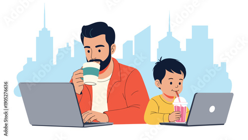 Bearded father and his young son sitting at a table together while working on laptops and enjoying drinks in front of a city skyline.