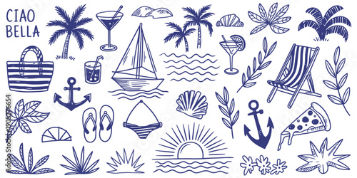 Italian or Greek Style Vacation Hand Drawn Vector Icons and Emblems in Grunge Chalk and Charcoal Doodle Sketch Style, Summer Travel Ink Illustrations for Posters, Placards, and Print Design