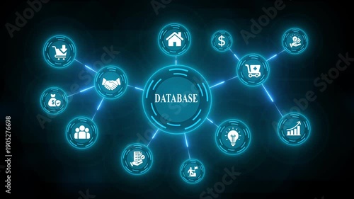 Business concepts and finance connected to central hub on dark background with neon blue lines and symbols representing various aspects of commerce and industry