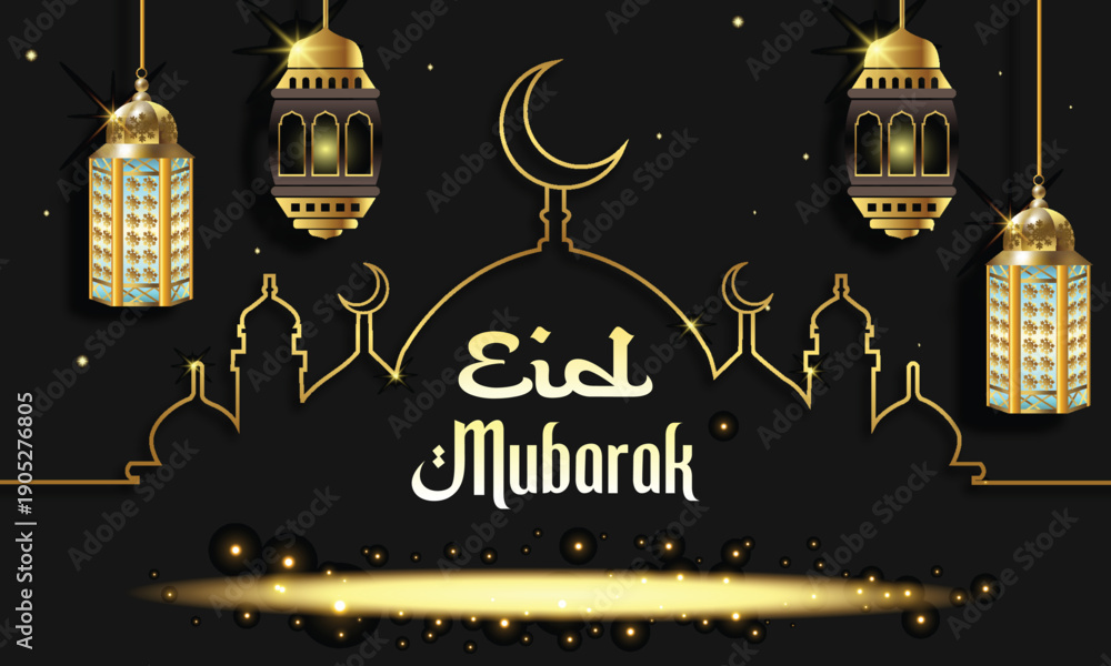 Fototapeta premium Elegant Eid Mubarak Greeting with Golden Lanterns