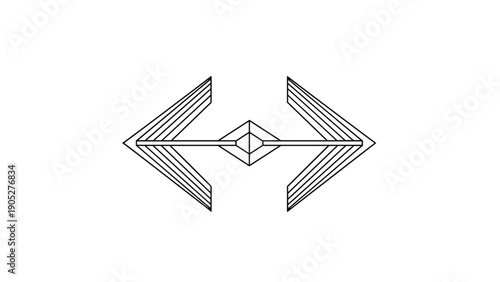 Minimalist geometric symbol composed of black lines forming symmetrical arrow shapes pointing outwards from a central diamond core.