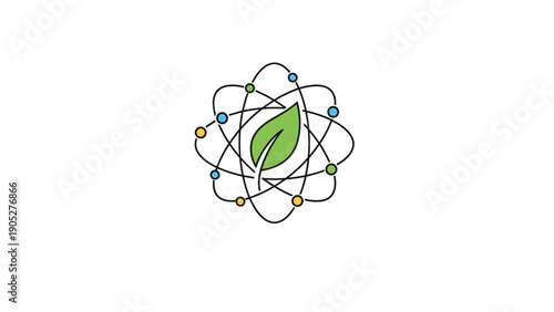 Conceptual icon of a green leaf inside an atomic structure with colorful electrons representing green energy and biological science.