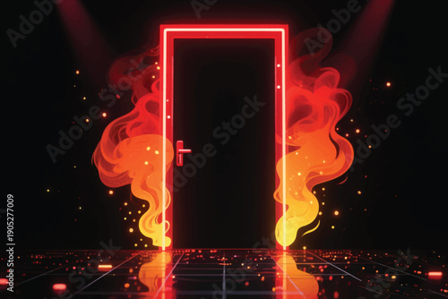 Glowing red neon door with swirling flames, fiery digital grid floor, and dramatic spotlight in dark futuristic space.
