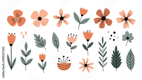 Minimalist collection of hand-drawn floral and leaf illustrations features simple shapes and a muted color palette for modern designs.