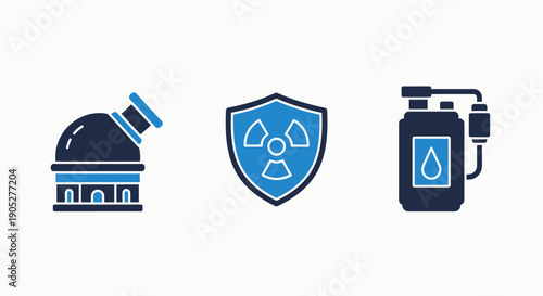 Scientific and environmental icons: observatory telescope, radiation hazard shield, and water purification system for diverse applications.