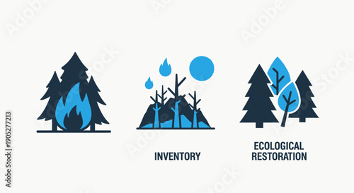 Environmental crisis and restoration icons: forest fires, wildfire aftermath, and ecological restoration efforts for sustainable nature.