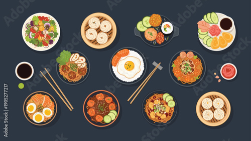 Top view of a diverse Asian food feast showcases plates of sushi, steaming dumplings, spicy noodles, and fresh salmon on a dark table.