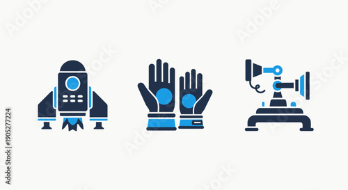 Diverse icon set: a sleek rocket for space exploration, protective gloves, and a vintage rotary telephone for communication history.