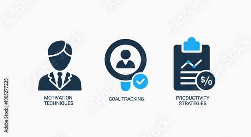 Business development icons: motivation techniques, effective goal tracking, and productivity strategies for professional success.