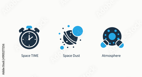 Cosmic and scientific icons: space-time concept, interstellar dust, and planetary atmosphere, representing celestial phenomena.