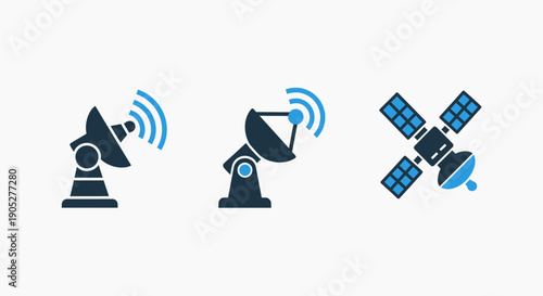 Global Communication and Space Technology Icons: Satellite Dishes Transmitting Signals and Orbital Satellites for Connectivity