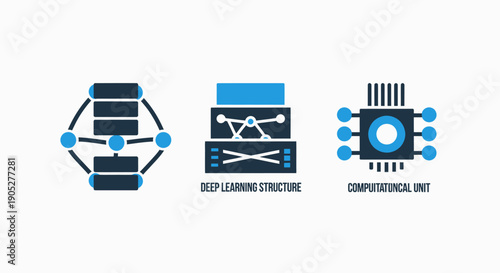 Artificial Intelligence and Deep Learning Computing Icons: Neural Networks, Data Processing, and Advanced Computational Units