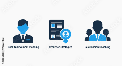 Professional and Personal Development Coaching Icons: Goal Achievement, Resilience Strategies, and Relationship Building