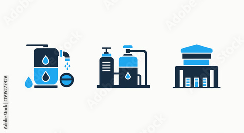 Water Infrastructure and Industrial Treatment Vector Icons: Purification Plants, Storage Facilities, and Filtration Systems