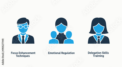 Essential Soft Skills Development Vector Icons: Focus Enhancement, Emotional Regulation, and Delegation Training