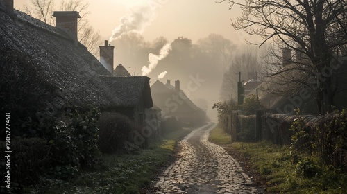 Foggy Morning Street in Traditional Village with Thatched Roof Houses