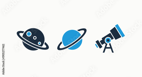 Astronomy and Planetary Science Vector Icons: Ringed Planets, Celestial Bodies, and Telescope Observation
