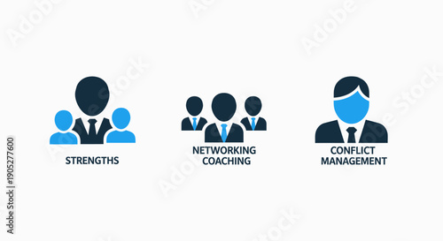Business Coaching Icons for Strengths Development, Networking, and Conflict Resolution Strategies.