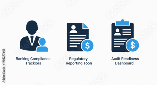Banking and Financial Compliance Icons for Regulatory Reporting and Audit Readiness Dashboards.