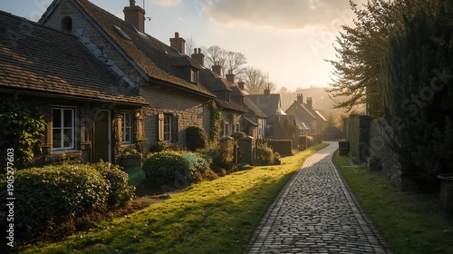 Charming Stone Cottages Along Cobblestone Lane in Morning Sunlight